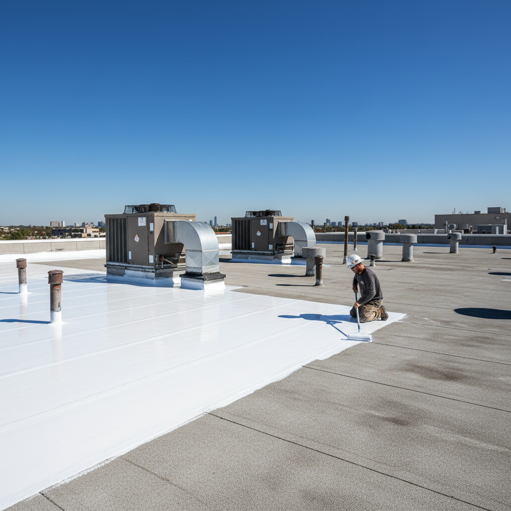Roofer applying white silicone reflective coating on a commercial flat roof in Oklahoma City