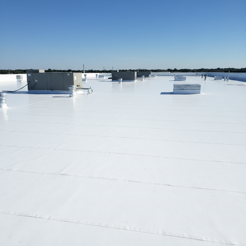 White TPO single-ply membrane roof on a commercial building in the Oklahoma City metro